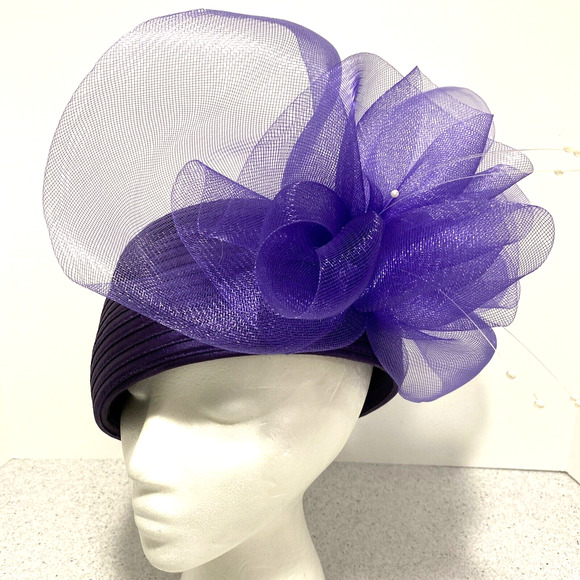 Vintage inspired purple hat with netting bow and faux pearls retro pill box look main image 9